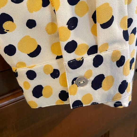 Denim & Co. Stretch Crepe Printed Dot Point Collar Shirt Navy/Yellow XL - Picture 2 of 14